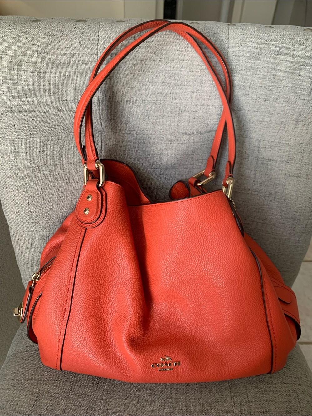 Coach Coral-Orange Pebbled Leather Shoulder Bag with Gold Hardware